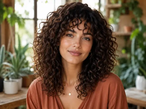 editorial beauty portrait of an attractive adult young woman age 22 with naturally curly hair
