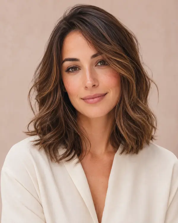 editorial beauty portrait of an attractive adult woman with shoulder-length medium hair