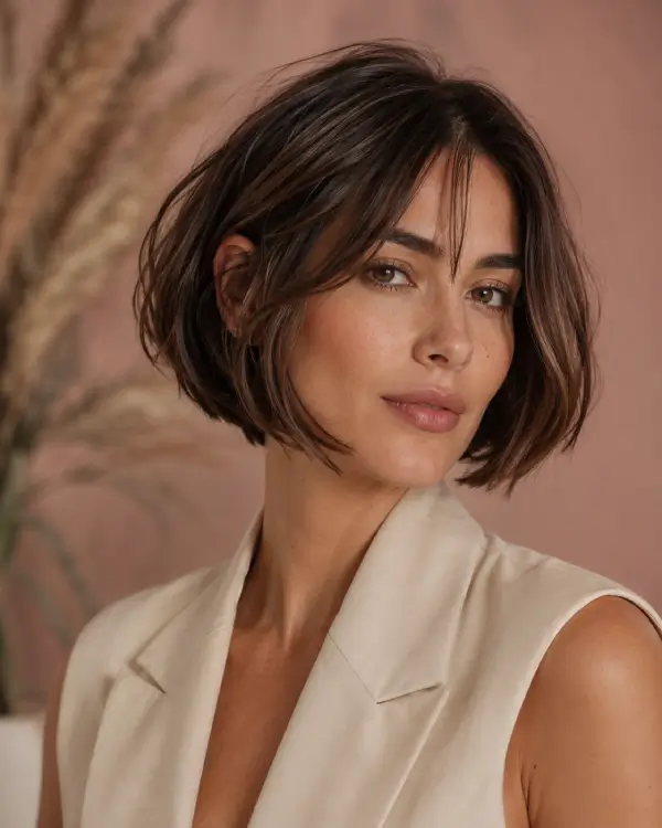 editorial beauty portrait of an attractive adult woman with a modern short hairstyle
